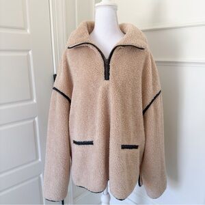 Beige Sherpa Half-Zip Pullover with Black Trim